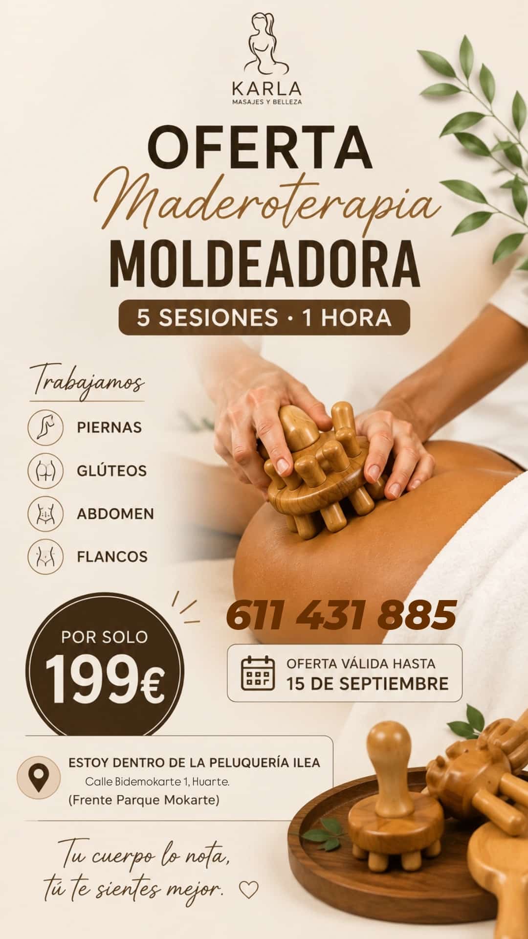 Oferta de maderoterapia moldeadora, 5 sesiones por 199 euros